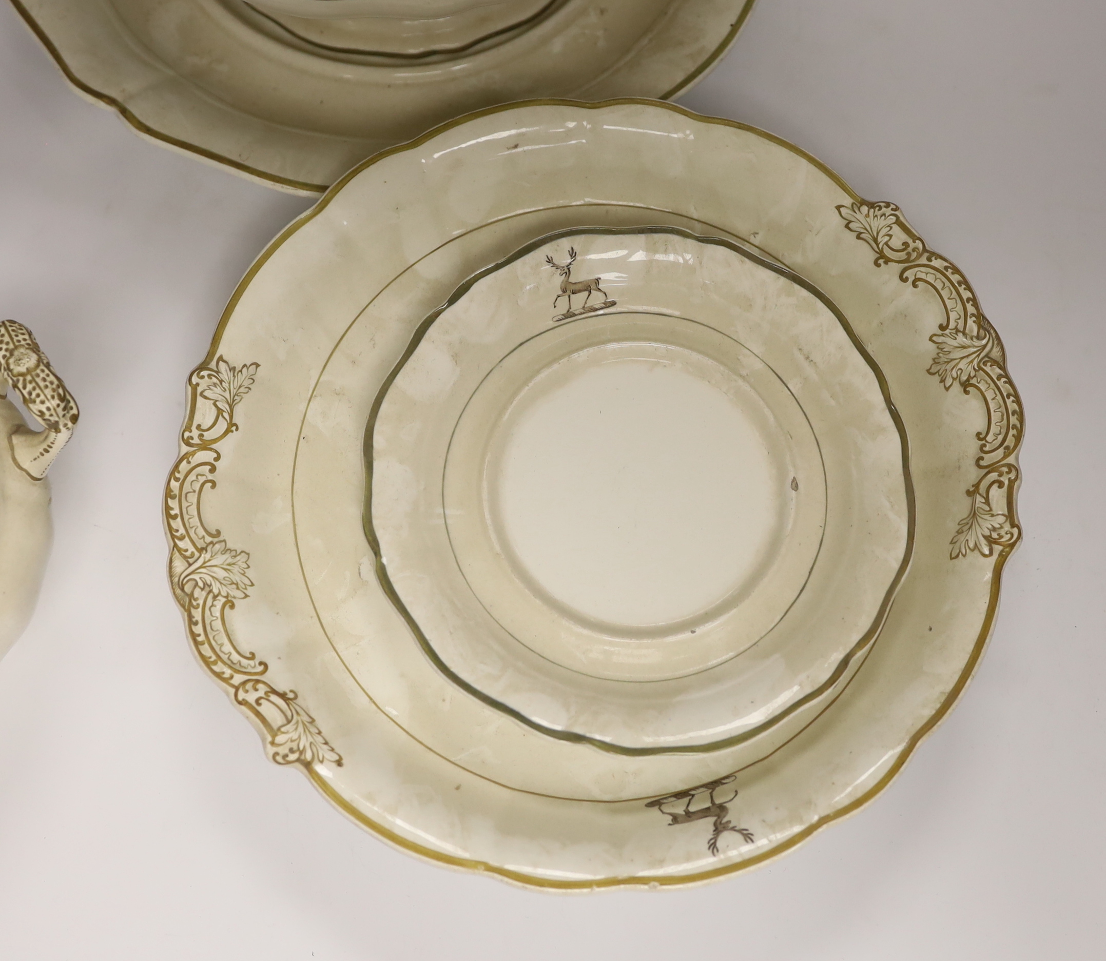 Copeland late Spode crested part dinner set comprising tureen and stand, bowl and stand and two circular dishes, largest 32cm in diameter